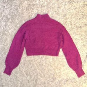 Soft Fleece Cropped Turtle Neck Magenta Sweater